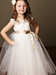 White Ivory Long Flower Girl Dress Tutus with Gold Sash ALD087