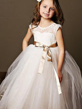 White Ivory Long Flower Girl Dress Tutus with Gold Sash ALD087