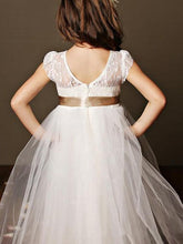 White Ivory Long Flower Girl Dress Tutus with Gold Sash ALD087