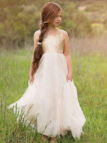 Gold Sequins Bodice White Tulle A Line Boho Flower Girl Dresses ALD090