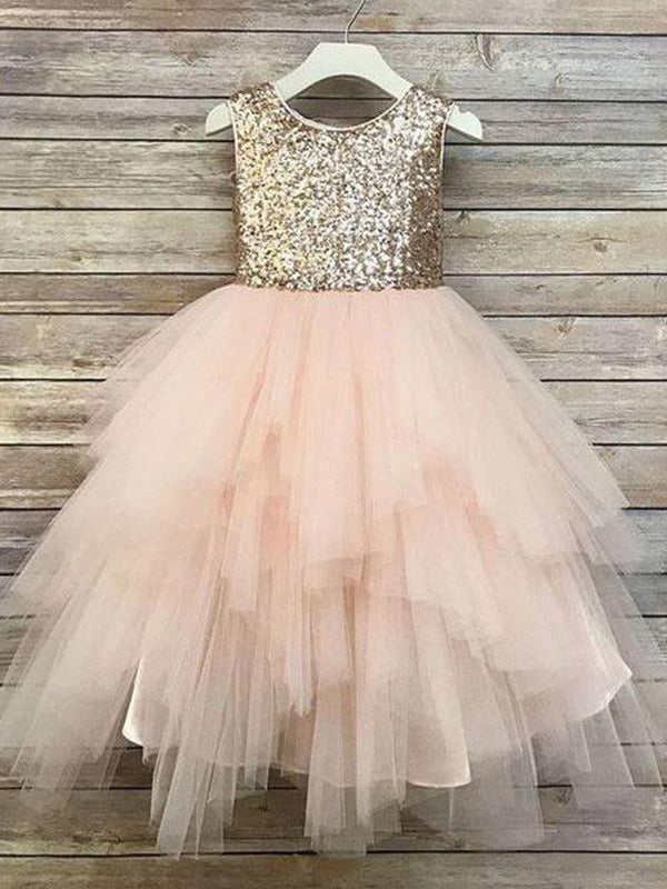 Gold Sequins Pink Tulle Flower Girl Dresses Tutus Skirt ALD099