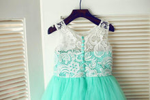 White Mint Tutus Short Lace Flower Girl Dresses with Buttons ASD010