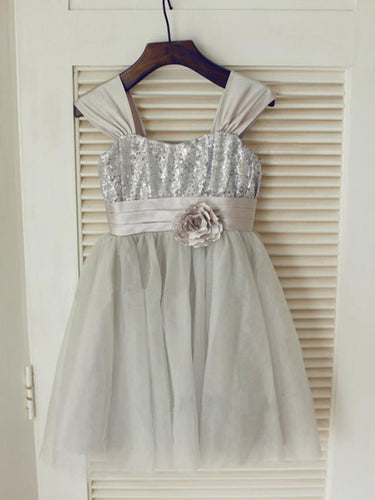 Short Gray Sequins Flower Girl Dresses Cute Tutus with Straps ASD027