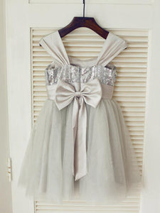 Short Gray Sequins Flower Girl Dresses Cute Tutus with Straps ASD027