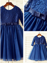 Navy Lace Tulle Short Flower girl Dress Tutus with Long Sleeve ASD074