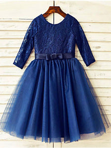 Navy Lace Tulle Short Flower girl Dress Tutus with Long Sleeve ASD074