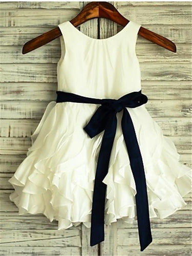 White Ivory Short Flower Girl Dress Tutus with Navy Sash ASD076