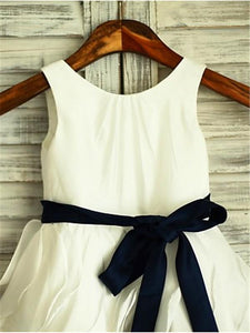 White Ivory Short Flower Girl Dress Tutus with Navy Sash ASD076