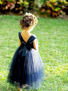 Navy Short Backless Flower Girl Dress Tutus with Big Bow Sash ASD088