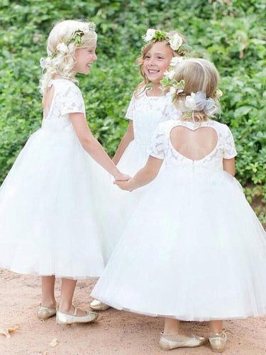 Short Lace Tulle Backless Flower Girl Dresses with Short Sleeve ASD095