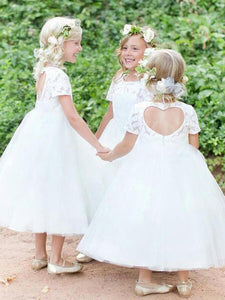 Short Lace Tulle Backless Flower Girl Dresses with Short Sleeve ASD095