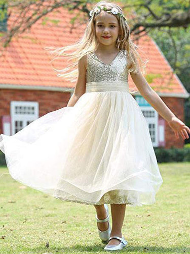 Gold Sequins Short Flower Girl Dresses ASD099
