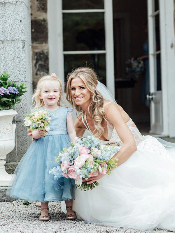 Short Blue Lace Tulle Flower Girl Dresses ASD100