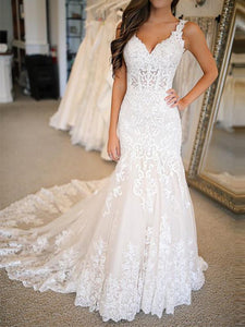 Vintage Straps Lace Applique Mermaid Wedding Dress with Train WD301
