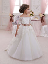 Vintage White Ivory Flower Girl Dress with Off Shoulder Half Sleeve Dark Pink Sash MFD004