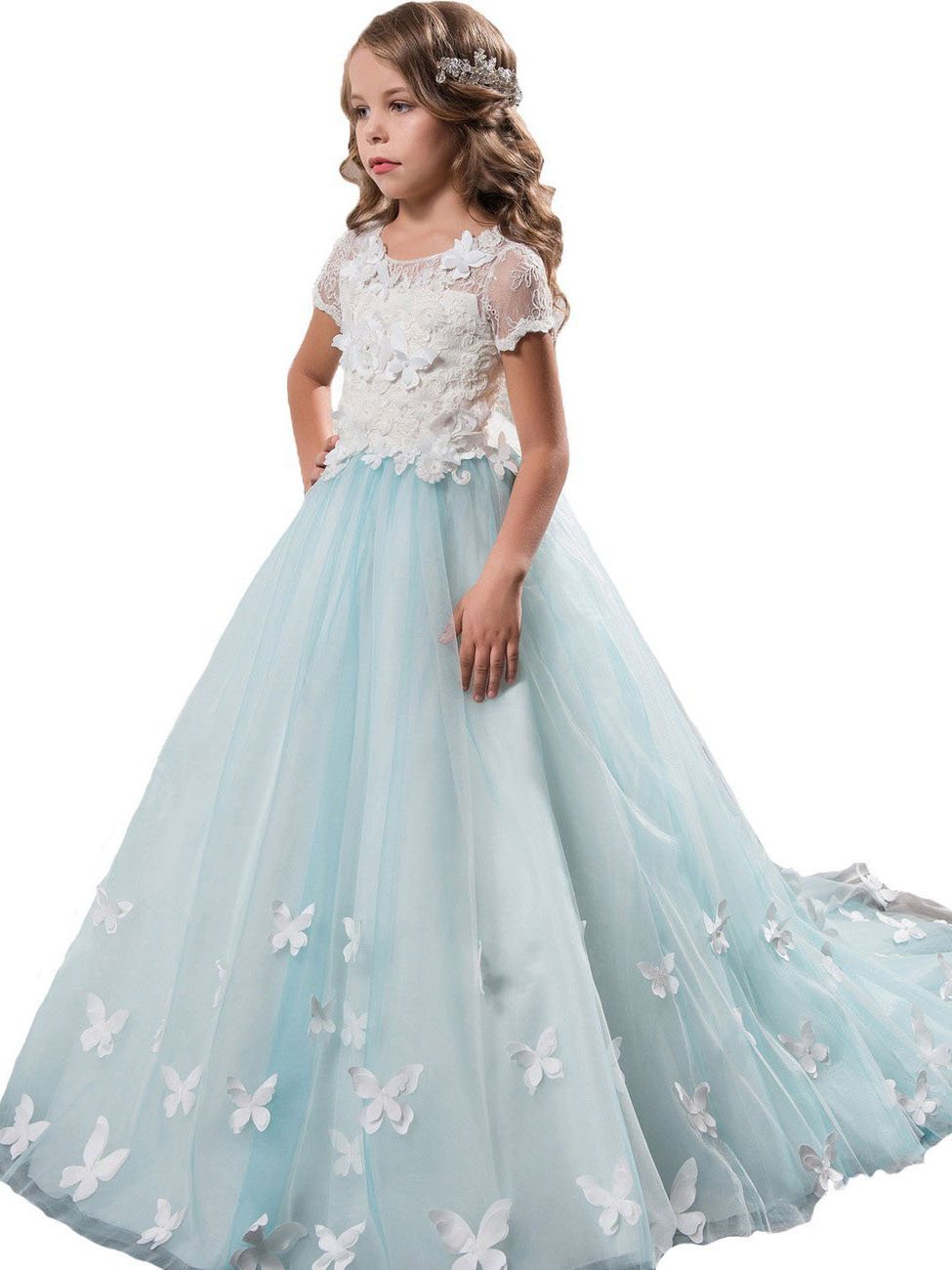 Stunning Lace White Blue Flower Girl Dresses with Butterfly Girls' Pageant Dress MFD120