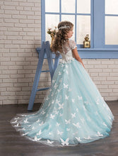 Stunning Lace White Blue Flower Girl Dresses with Butterfly Girls' Pageant Dress MFD120