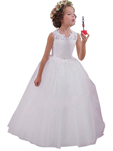 Round Neck A Line White Ivory Flower Girl Dresses First Communion Dress PFD036