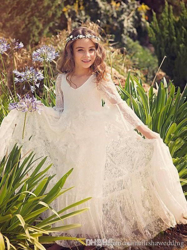 3/4 Long Sleeve Lace boho Flower Girl Dresses First Communion Dress PFD074