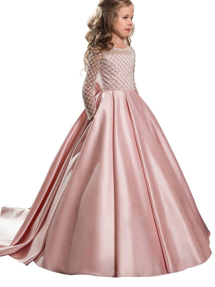 Long Sleeves A Line Satin Lace Flower Girl Dresses Kids Pageant Dress Princess Gown PFD135