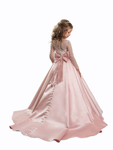 Long Sleeves A Line Satin Lace Flower Girl Dresses Kids Pageant Dress Princess Gown PFD135