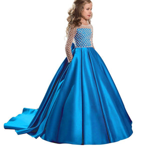 Long Sleeves A Line Satin Lace Flower Girl Dresses Kids Pageant Dress Princess Gown PFD135