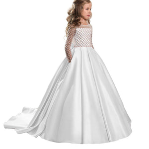 Long Sleeves A Line Satin Lace Flower Girl Dresses Kids Pageant Dress Princess Gown PFD135