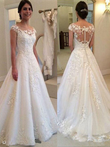 Vintage Lace Appliques Wedding Dress Sheer Back Cap Sleeves Bridal Gown  WD303