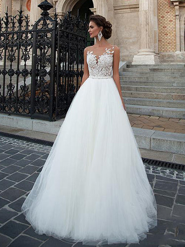 Lace Tulle Appliques Sleeveless Wedding Dress Beach Bridal Gown WD304