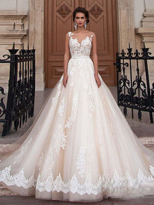 Romantic Champagne Lace Applique Scoop Neck Wedding Dresses with Detachable Beading Sash WD305