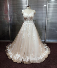 Romantic Champagne Lace Applique Scoop Neck Wedding Dresses with Detachable Beading Sash WD305