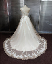 Romantic Champagne Lace Applique Scoop Neck Wedding Dresses with Detachable Beading Sash WD305