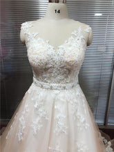 Romantic Champagne Lace Applique Scoop Neck Wedding Dresses with Detachable Beading Sash WD305
