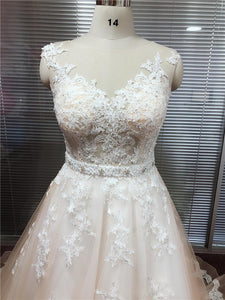 Romantic Champagne Lace Applique Scoop Neck Wedding Dresses with Detachable Beading Sash WD305