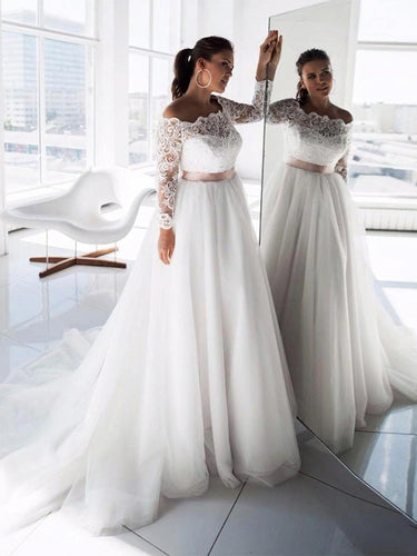 Elegant Long Sleeves Boat Neck Plus Size Wedding Dresses  Lace Tulle Bridal Gown WD306