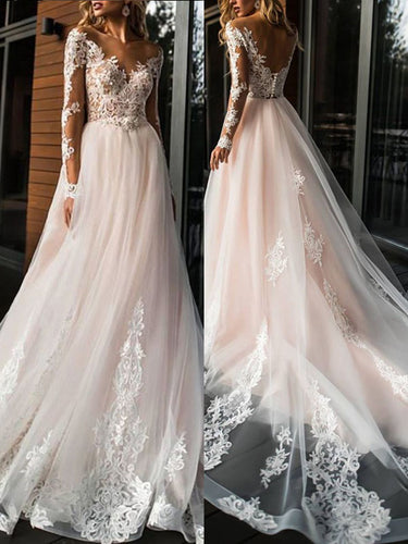 Elegant Pink Lace Wedding Dress Simple A Line V-Neck Bridal Dress WD307