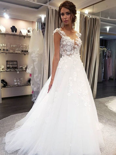 Scoop Neck  Applique A Line Sleeveless Illusion Wedding Dresses with Back Buttons WD308