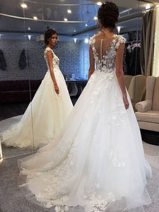 Scoop Neck  Applique A Line Sleeveless Illusion Wedding Dresses with Back Buttons WD308