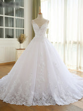 Gorgeous Ball Gown Wedding Dresses V Neck Lace Appliques Bridal Gown With Long Train WD309