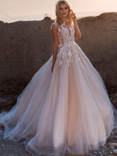 Scoop Lace Applique A Line Wedding Dresses Sleeveless Tulle Boho Bridal Gown WD311