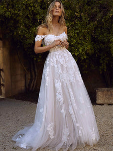 Off the Shoulder Appliques Lace Wedding Dresses A Line Bride Gown WD313
