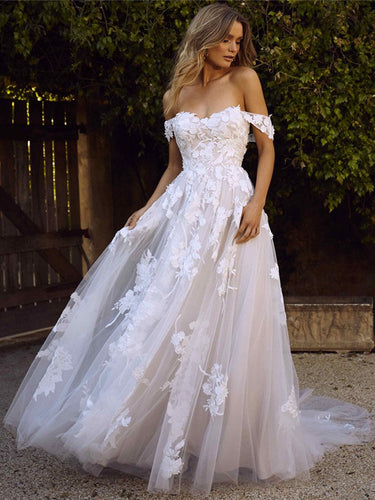 Off the Shoulder Appliques Lace Wedding Dresses A Line Bride Gown WD313