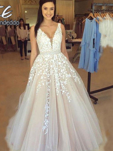 Light Champagne V Neck Wedding Dresses Lace Applique Open Back Bridal Gown WD314