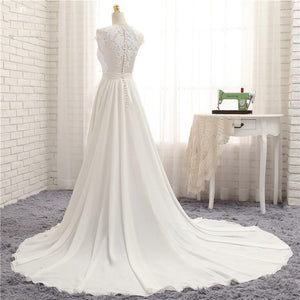 Sexy Cap Sleeves Lace Applique A Line Chapel Train Beach Wedding Dress WD319