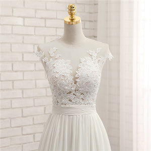 Sexy Cap Sleeves Lace Applique A Line Chapel Train Beach Wedding Dress WD319