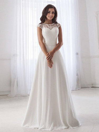 Scoop Neck Lace Beach Wedding Dress Sleeveless Chiffon Bridal Gown WD320