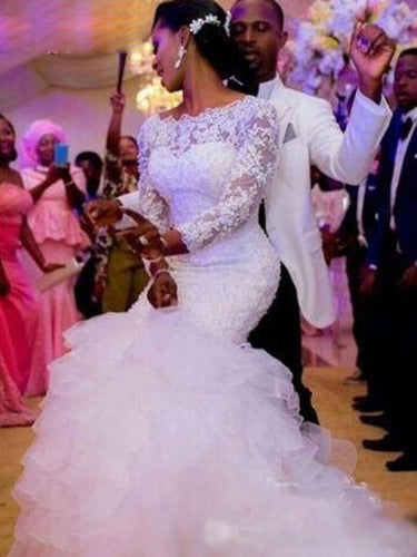 Boat Neck Tassle Tail Tiered Mermaid Wedding Dresses Long Sleeve Lace Bridal Gown WD321