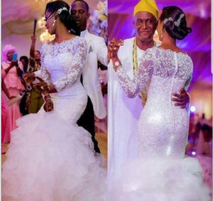 Boat Neck Tassle Tail Tiered Mermaid Wedding Dresses Long Sleeve Lace Bridal Gown WD321