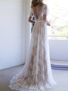 Romantic Champagne V Neck Backless Lace Wedding Dresses  WD322