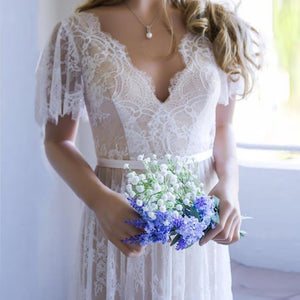 Romantic Champagne V Neck Backless Lace Wedding Dresses  WD322